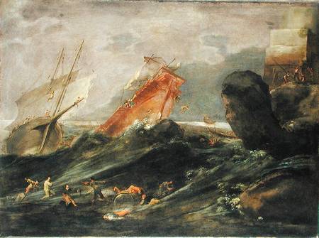 Shipwreck on a Rocky Shore van Leonard Bramer