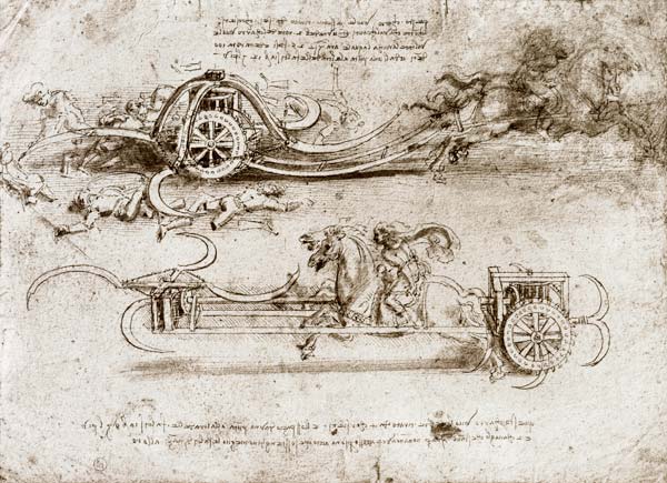 Battle chariots armed with scythes (pen & ink on paper) van Leonardo da Vinci