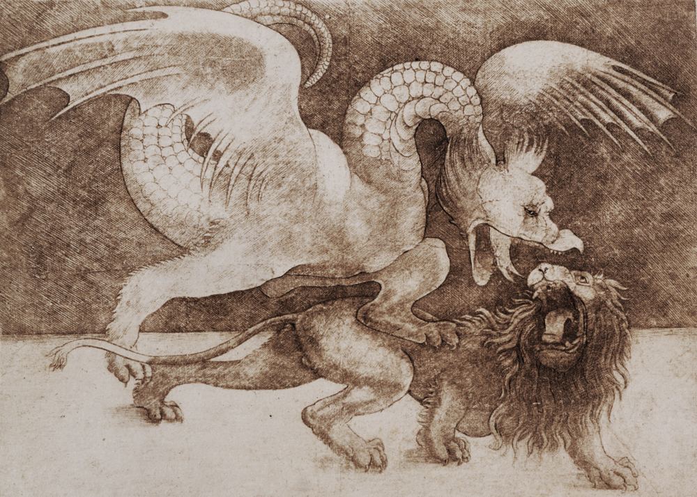 Fight between a Dragon and a Lion (pen and ink on paper) (print) van Leonardo da Vinci