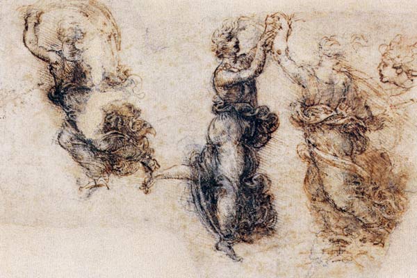 Three dancing figures and a study of a head (sepia & black ink on linen paper) van Leonardo da Vinci