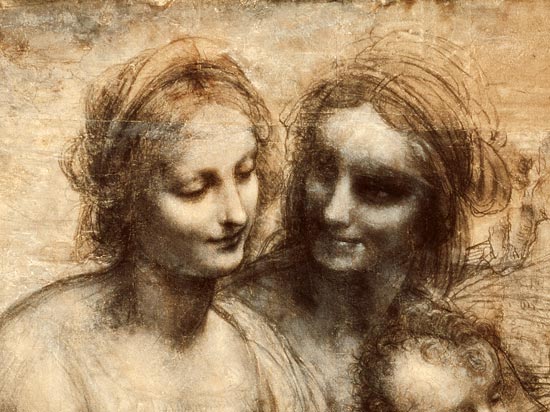 The Virgin and Child with SS. Anne and John the Baptist, detail of heads of the Virgin and St. Anne van Leonardo da Vinci