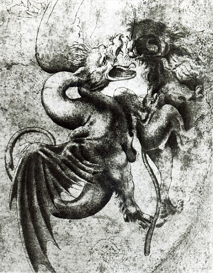 Fight between a Dragon and a Lion (brown ink with wash on paper) van Leonardo da Vinci