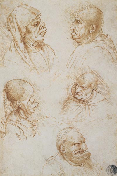 Five Studies of Grotesque Faces van Leonardo da Vinci