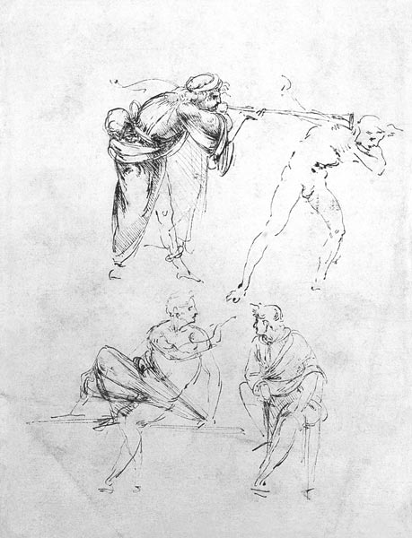 Study of a man blowing a trumpet in another''s ear, and two figures in conversation, c.1480-82 (pen  van Leonardo da Vinci