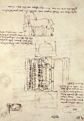 Codex Madrid I/149-R Sketch of a Horse and various other diagrams (pen & ink on paper)