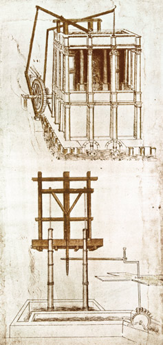 Facsimile of Codex Atlanticus 395v Hydraulic Water Pump for a Fountain (original copy in the Bibliot van Leonardo da Vinci