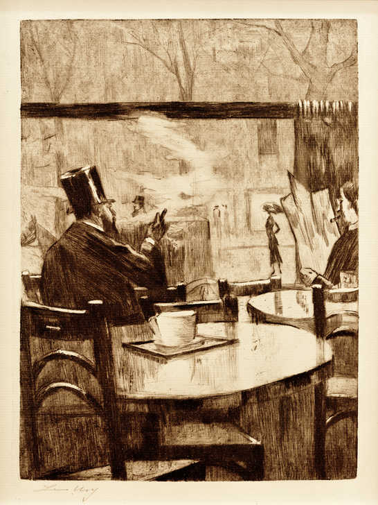 Herr mit Zylinder vor einem Kaffeehausfenster - In Rückenansicht van Lesser Ury