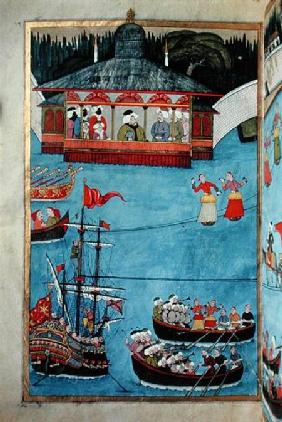 TSM A.3593 Nautical Festival before Sultan Ahmed III (1673-1736) from 'Surname' by Vehbi