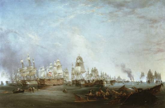 Surrender of the 'Santissima Trinidad to Neptune, The Battle of Trafalgar, 3pm van Lieutenant Robert Strickland Thomas