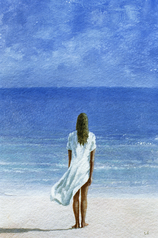 Girl on beach, 1995 (watercolour on paper)  van Lincoln  Seligman