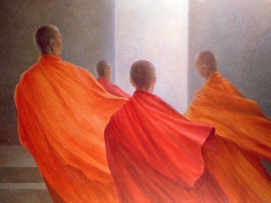 Four Monks on Temple Steps (oil on canvas)  van Lincoln  Seligman