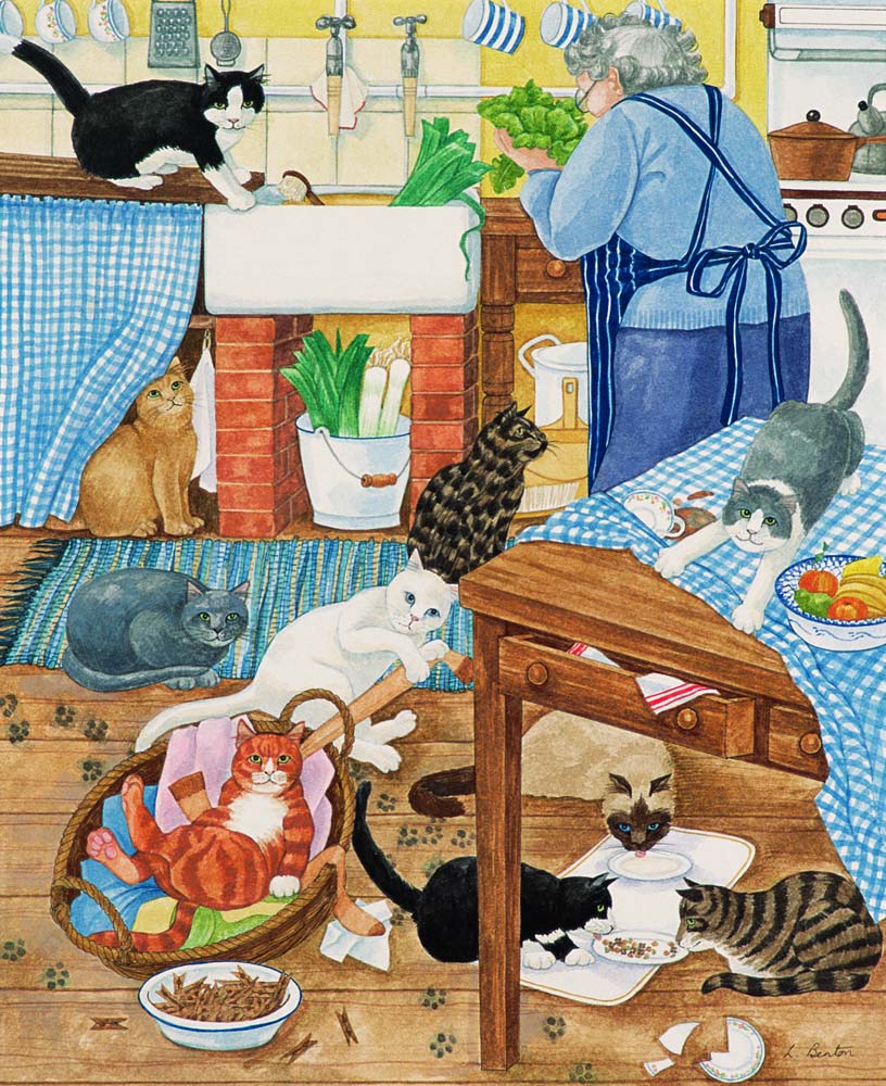 Grandma and 10 cats in the kitchen van Linda  Benton