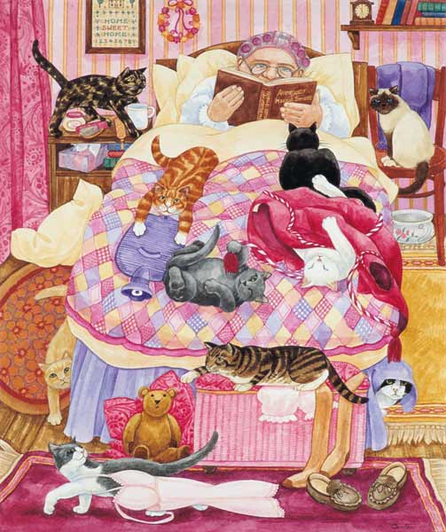 Grandma and 10 cats in the bedroom van Linda  Benton