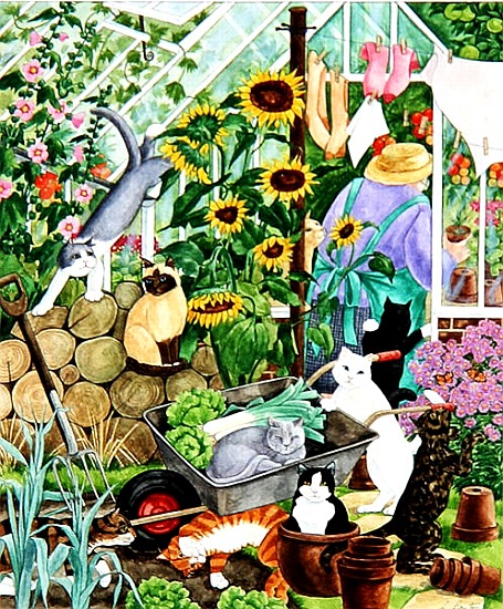 Grandma and 10 cats in the greenhouse van Linda  Benton