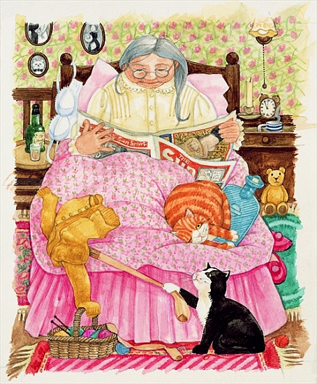 Grandma and 2 cats and a pink bed van Linda  Benton