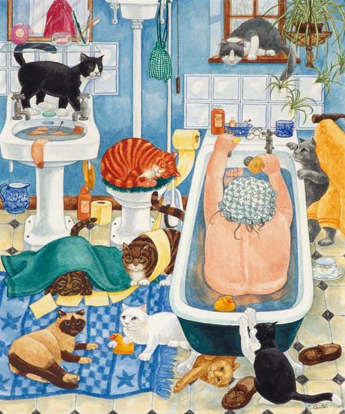 Grandma and 10 cats in the bathroom van Linda  Benton