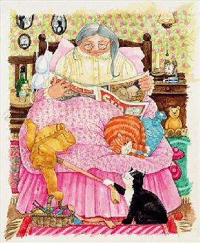 Grandma and 2 cats and a pink bed