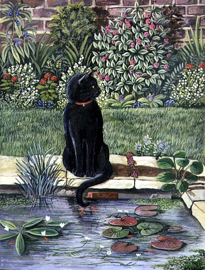Black cat by a pond, 1983 (gouache)  van Liz  Wright