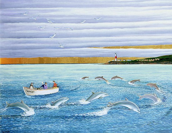 Dolphins Playing, 2004 (oil on canvas)  van Liz  Wright