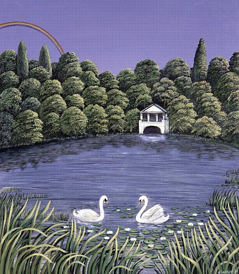 Swans on a lake, 1983 (gouache)  van Liz  Wright
