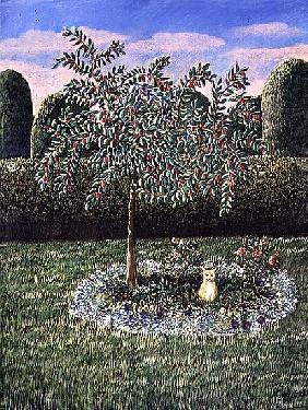 Cat under a plum tree, 1988 (pastel) 