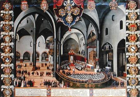 Organ door depicting the Council of Aquileia in 1596 at Udine van Lodewyk Pozzoserrato Toeput