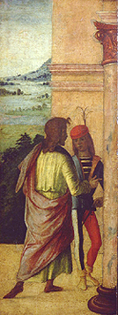 Zwei Männer, an einer Säule stehend van Lorenzo Costa
