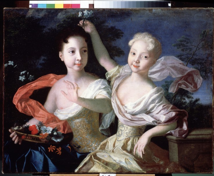 Portrait of Grand Duchesses Anna Petrovna (1708-1728) and Elisabeth Petrovna (1709-1761) van Louis Caravaque