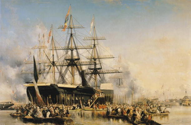 King Louis-Philippe (1830-48) Disembarking at Portsmouth, 8th October 1844, 1846 (oil on canvas) van Louis Eugene Gabriel Isabey
