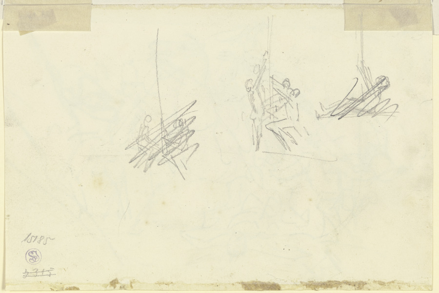 Studienblatt: Drei flüchtige Skizzen von (eine Fahne hissenden?) Figuren um einen Mast van Louis Ferdinand von Rayski