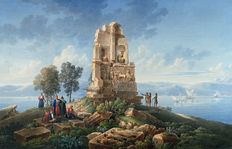 Grand Tourists at the Monument of Philopappos, Greece van Louis Francois Cassas
