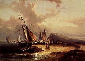 Entladen eines Segelschiffes. van Louis Gabriel Eugène Isabey