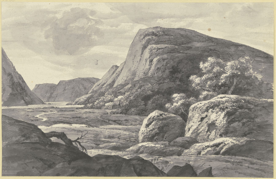 Flusstal mit Kapelle und Wanderer van Louis Gurlitt