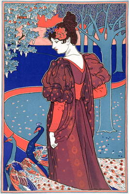 Woman with Peacocks, from 'L'Estampe Moderne', published Paris 1897-99 (colour litho) van Louis John Rhead