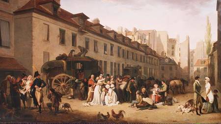 The Arrival of a Stagecoach at the Terminus, rue Notre-Dame-des-Victoires, Paris van Louis-Léopold Boilly