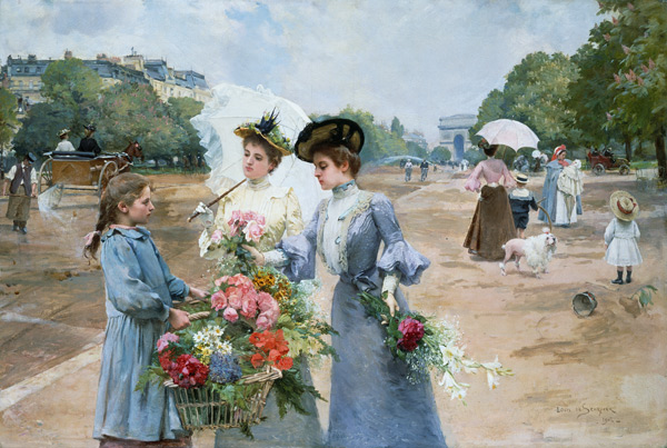 Blumenverkäuferin auf der Avenue du Bois de Boulogne van Louis Marie de Schryver