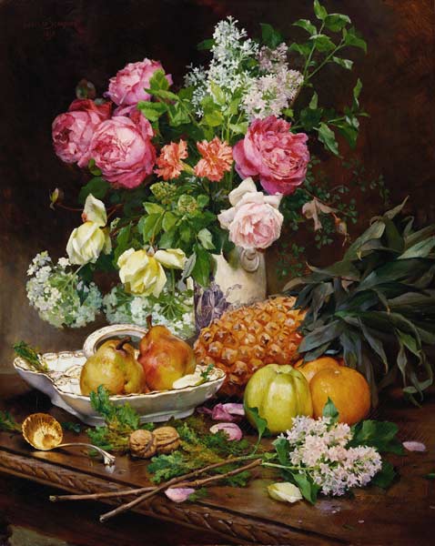 Stillleben mit Blumenstrauß und Früchten van Louis Marie de Schryver