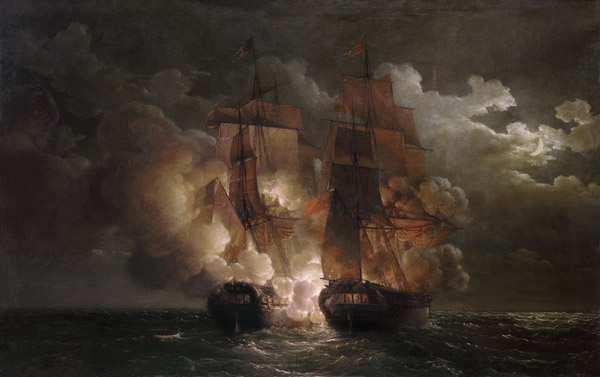 Battle Between the French Frigate 'Arethuse' and the English Frigate 'Amelia' in View of the Islands van Louis Philippe Crepin