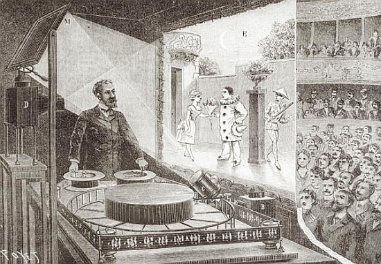 The ''Theatre Optique'' and its inventor Emile Reynaud (1844-1918) with a scene from ''Pauvre Pierro van Louis Poyet