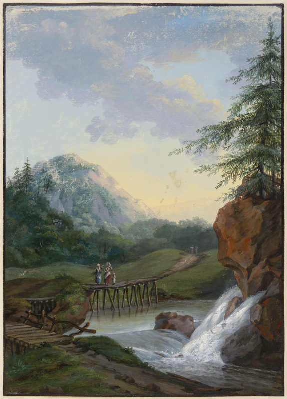 Landschaft mit einem Wasserfall und einem Steg, auf dem zwei Frauen und ein Kind gehen van Louise van Panhuys