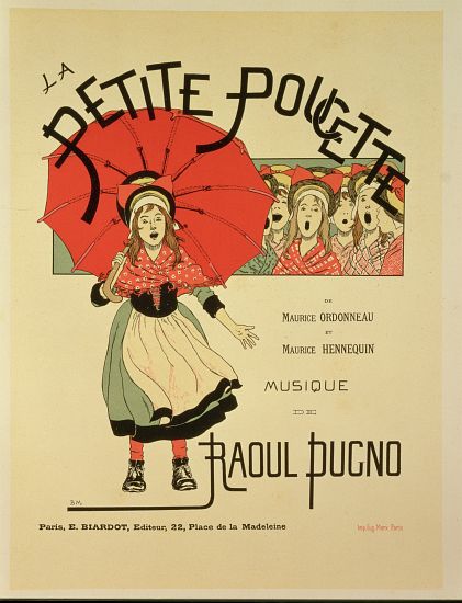 Reproduction of a poster advertising the operetta 'La Petite Poucette' van Louis Maurice Boutet de Monvel