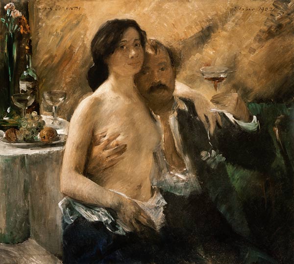 Zelfportret met Charlotte Berend en een champagneglas van Lovis Corinth