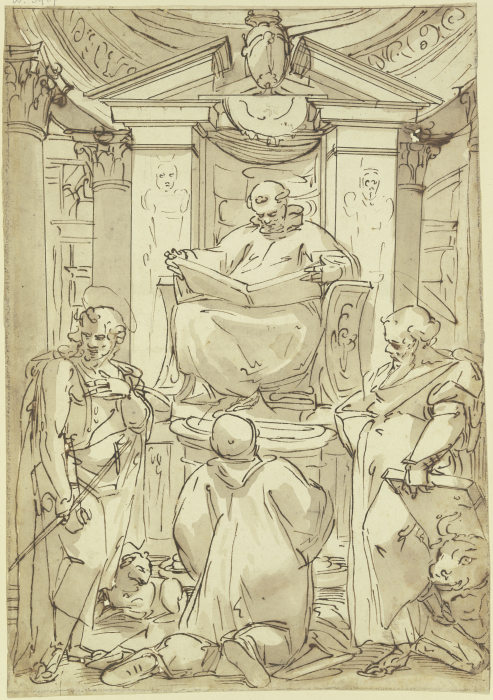 Der Heilige Benedikt (?) mit aufgeschlagenem Buch auf einem Postament vor Aedicula und Kuppelansatz  van Luca Cambiaso