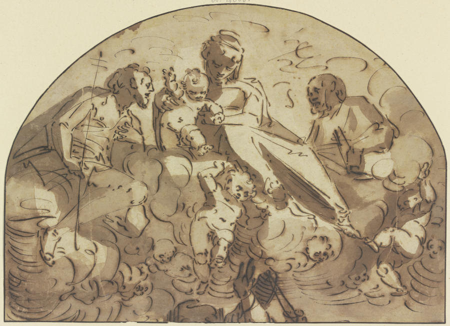 Madonna auf Wolken von Engeln getragen zwischen zwei Heiligen van Luca Cambiaso