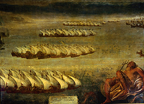 Die Seeschlacht von Lepanto. van Luca Cambiaso