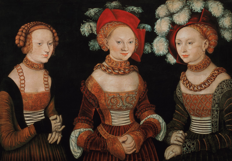 Three princesses of Saxony, Sibylla (1515-92), Emilia (1516-91) and Sidonia (1518-75), daughters of van Lucas Cranach (de oude)