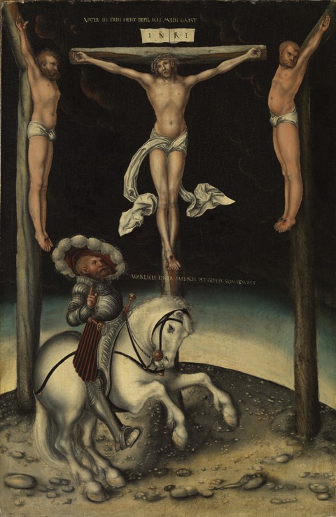 The centurion Longinus among the crosses of Christ and the two thieves van Lucas Cranach (de oude)