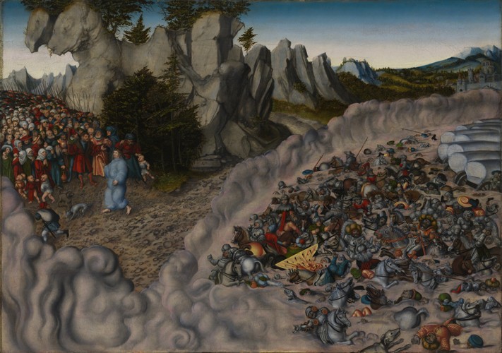 The Crossing of the Red Sea (Pharaoh's Hosts engulfed in the Red Sea) van Lucas Cranach (de oude)