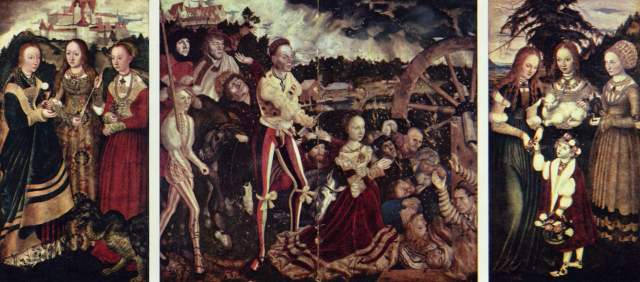 Katharinenaltar, linker Flügel - Die Heiligen Dorothea, Agnes und Kunigunde, Mitteltafel - Martyrium van Lucas Cranach (de oude)