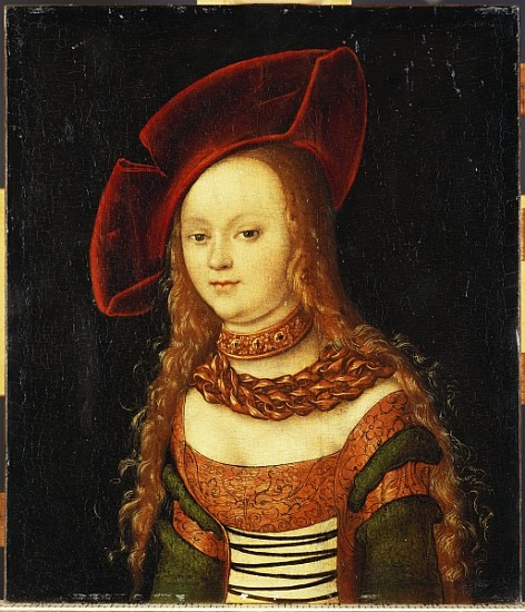 Portrait of a young girl, half length, wearing a green and gold costume with a red hat van Lucas Cranach (de oude)